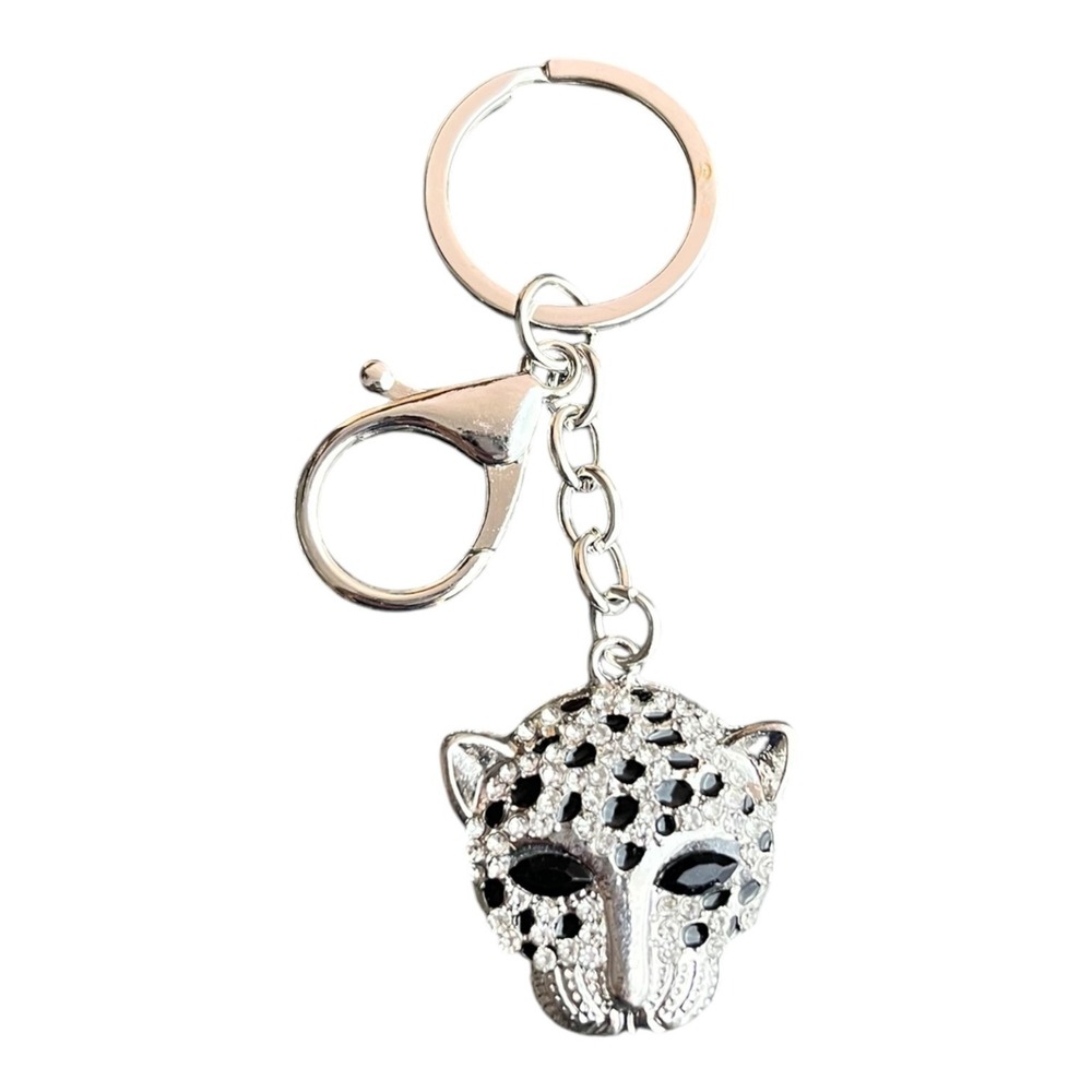 Women's Silver Black Leopard Head Rhinestone Key Chain Finder Charm 4"